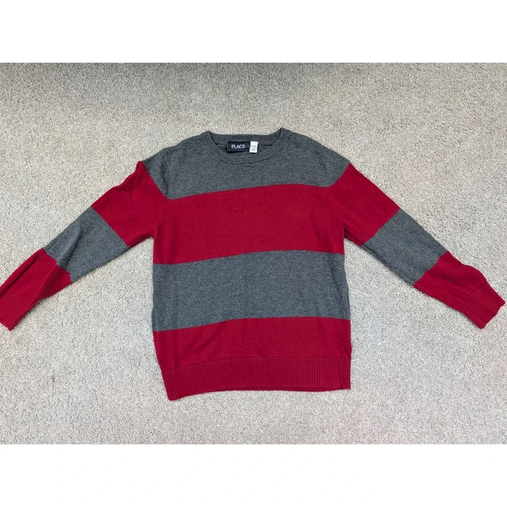 The Children's Place Crewneck Sweater Kids XL 14 Red Grey Striped Knit Pullover